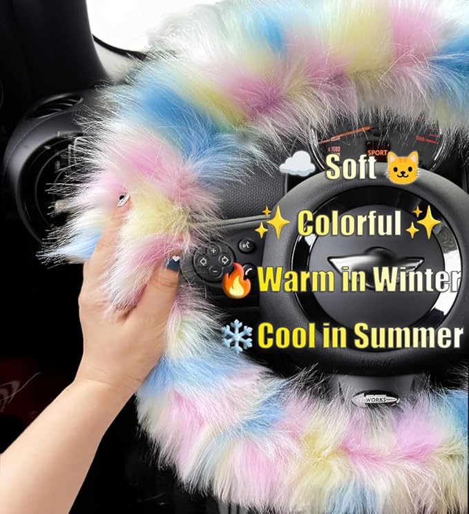 Rainbow Colorful Fluffy Steering Wheel Cover, Girly Long Fuzzy Furry Wool Sheepskin Fur Car Wheel Protector with Light Pink Soft Warm Handbrake Cover Gear Shift Cover for Women/Girl/Ladies 14.5-15"