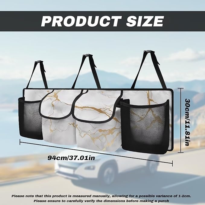 Car Trunk Organizer, White Marble Large Capacity Auto Backseat Hanging Storage Bag with Adjustable Strap & 4 Pockets, Space Saving Car Back Seat Cargo Bag, Car Interior Accessories