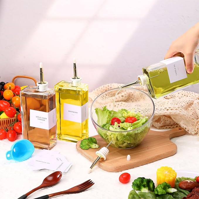 3 Sets Olive Oil Dispenser Bottles for Kitchen with Nozzles Funnel Labels Cooking Oil Dispenser 500ml Set for Kitchen Vinegar Coffee Syrup (Gold)