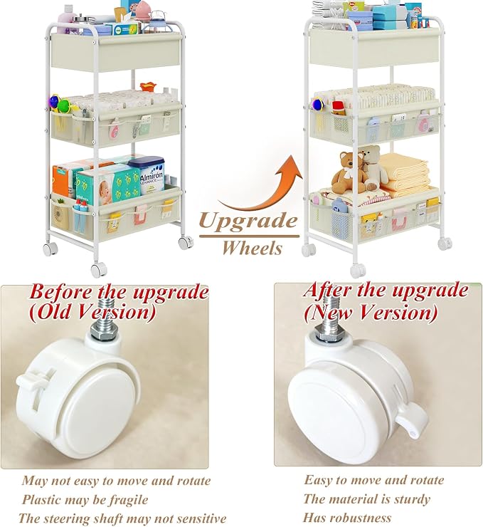 3-Tier Baby Diaper Caddy Cart Organizer,Mobile Nursery Storage Carts with Wheels,With 2 Dividers&14 Mesh Pockets Durable Metal Utility Cart for Nursery, Bedroom, Bathroom, Baby Essentials Organization