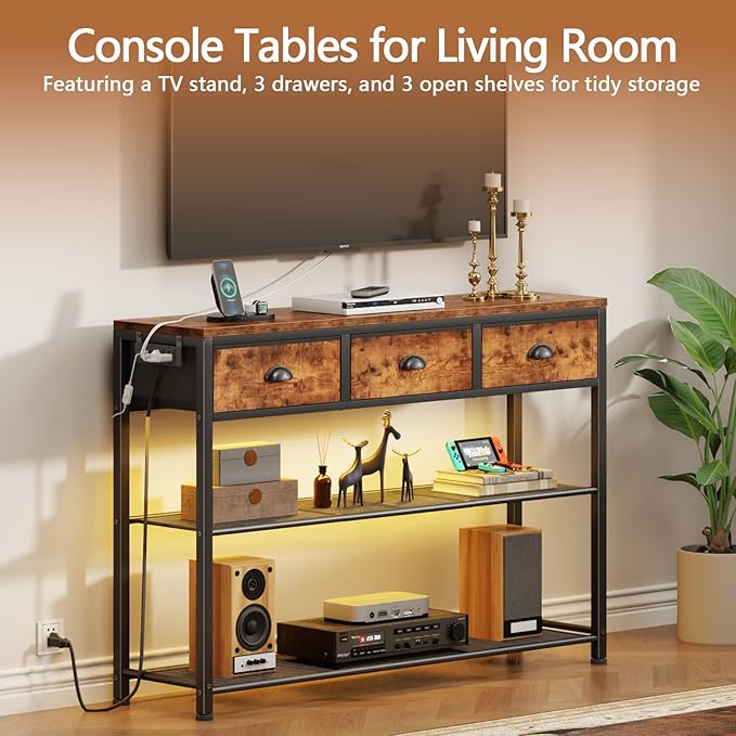 Furologee Console Table with Charging Station & 3 Fabric Drawers, 38'' Entryway Table with Storage Shelves and LED Light for Entry Way, Industrial Display Shelf for Hallway, Foyer, Rustic Brown | 3 Fabric Drawers, Storage Shelves, LED Light, Entry Way,...