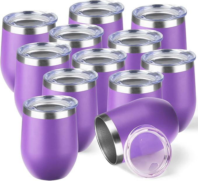 StarSpeed 12oz/12 Pack Wine Tumbler with lid, Stainless Steel Travel Mugs Stemless Double Wall Insulated Coffee Cup, Insulated Wine Glasses Travel Tumbler for Cold & Hot Drinks(Purple, 12)