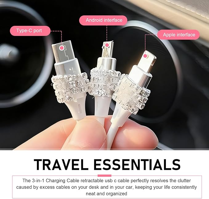 Car Retractable Multi Charging Cable, 3 in 1 Fast Charger Cord, Camellia Patterned/Heart-shaped Diamond-studded Car Charger Cable, Stylish for Women, Compatible with Phone, Tablets (Pink)
