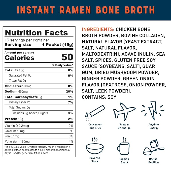 Bare Bones Ramen Bone Broth Instant Powdered Mix Packets | 5g Collagen | 10g Protein | Keto & Paleo Friendly | No Artificial Flavors | Non-GMO, Gluten-Free, Dairy-Free Rich Savory on-the-go 16 Pack