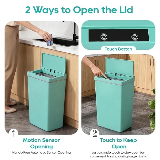 BestOffice 13 Gallon Trash Can Plastic Kitchen Trash Can Automatic Touch Free High-Capacity Garbage Can with Lid for Bedroom Bathroom Home Office 50 Liter Blue