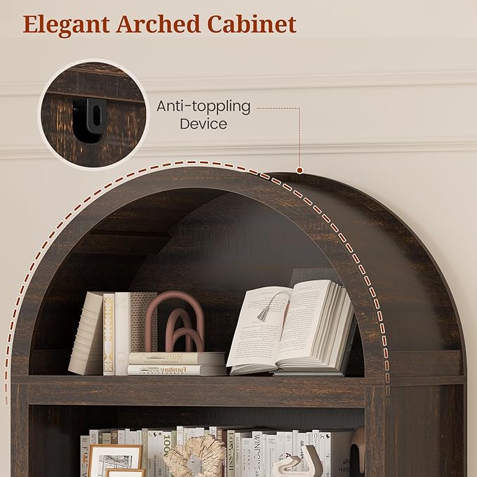 81" Tall Arched Cabinets,Bookcase with Drawer storage,Mid-Century Modern 5-Tier Bookshelf,2 Book Risers and Adjustable Shelves offering more storage space for Living Room,Kitchen,Home Office,Walnut