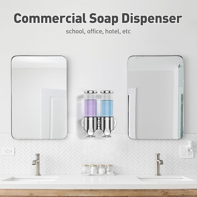 Secura Double Wall Mounted Soap Dispenser, 2 x 17 fl oz Shampoo and Soap Dispensers Perfect for Home & Kitchen (Stainless Steel)