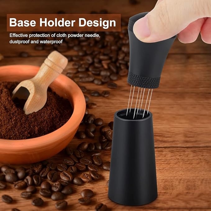 Espresso Coffee Stirrer Tool, WDT Distribution Tool with 7 Fine Stainless Steel Needles 0.3mm, Coffee Tamper Accessories with Ergonomic Handle & Aluminum Base for Home & Coffee Shop