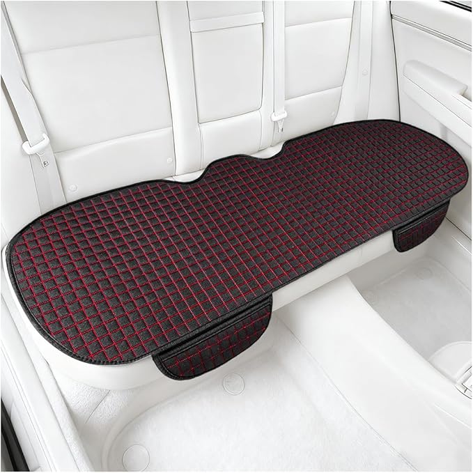 Car Back Seat Cover, Long Bottom Vehicle Rear Seat Protector with Storage Pockets, Breathable Linen Automotive Backseat Bench Cushion Pad Accessories, Universal for SUV Trucks (Black/Red)