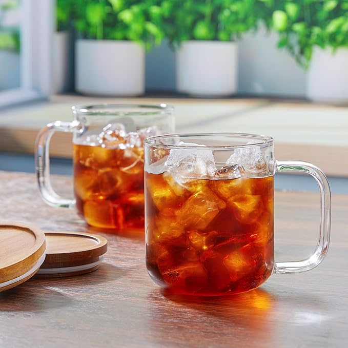 DRASTAR Glass Coffee Cups, 16 oz Coffee Mugs, Flat Bottomed Cups with Acacia Wood Lid, Glass Tea Cup with Handle, Clear Tea Cup Set of 2