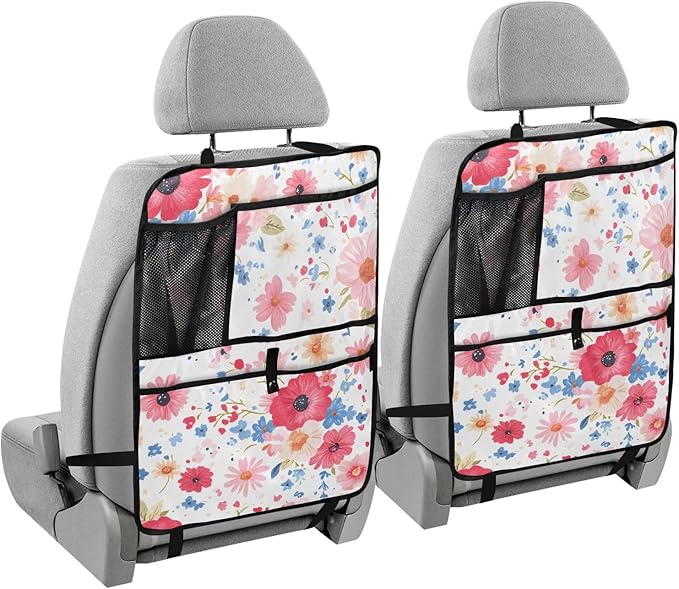 JIPONI Car Backseat Organizer, Color Red Flower Automotive Back Seat Protector, Kick Mats with Storage Pockets for Kids Pets, Road Trip Accessories (2 Pack)