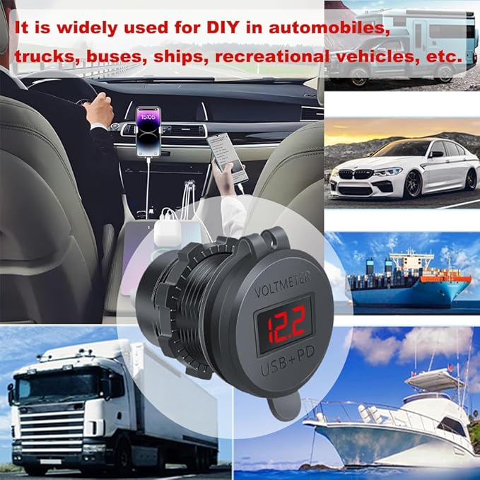 4 Ports USB Car Charger Total 72W, DC 12-24V, USB C PD Max 36W, USB A QC Max 18W, Dashboard Flush Mount Charge Outlet Socket for RV Bus Boats Truck, Blue Light