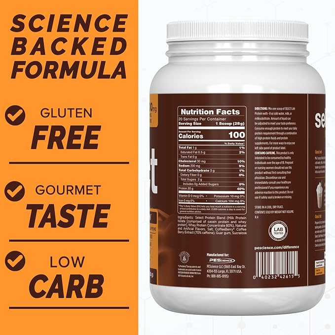 PEScience Select Cafe Protein Coffee Flavored Powder, 100mg Caffeine, 20g Iced Protein Coffee Powder or Creamer - Caramel Macchiato, 20 Servings