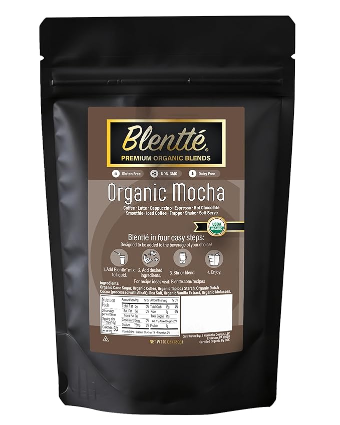 Blentte - Organic Mocha Drink Mix - Latte, Cappuccino, Frappe, Hot Chocolate & Coffee Blend - For Instant Smooth Chocolatey Beverage - Non-GMO - Dairy-Free - Gluten-Free - 10 Oz