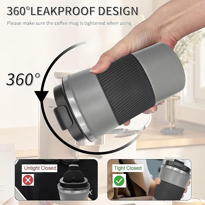 YINBAOGE Insulated Travel Coffee Mug, Spill & Leak Proof, Portable To Go Camping Stainless Steel Coffee Tumbler, Reusable Thermal Coffee Cup with Lid for Hot & Cold Drinks (Grey, 12 OZ)