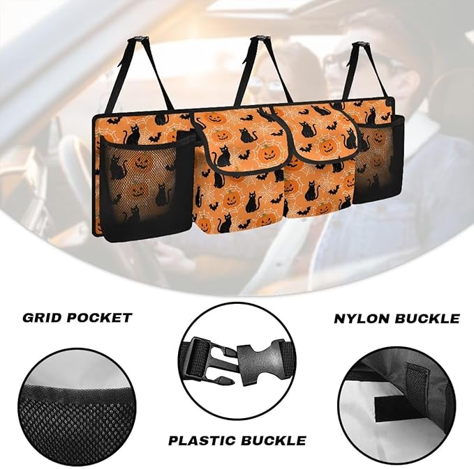 Car Trunk Organizer, Hanging Capacity Storage Bag Halloween Cats and Pumpkin Prints Car Back Seat Storage Bag Auto Interior Accessories for SUVs MPV Sedans Trucks Jeeps