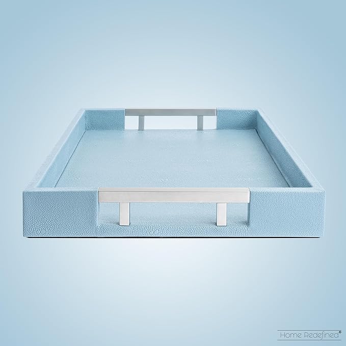 Modern 17.5"x12" Rectangle Baby Light Blue Glossy Shagreen Faux Leather Decorative Tray Ottoman Coffee Table Perfume Living Room Kitchen Serving Tray with Silver Metal Handles by Home Redefined