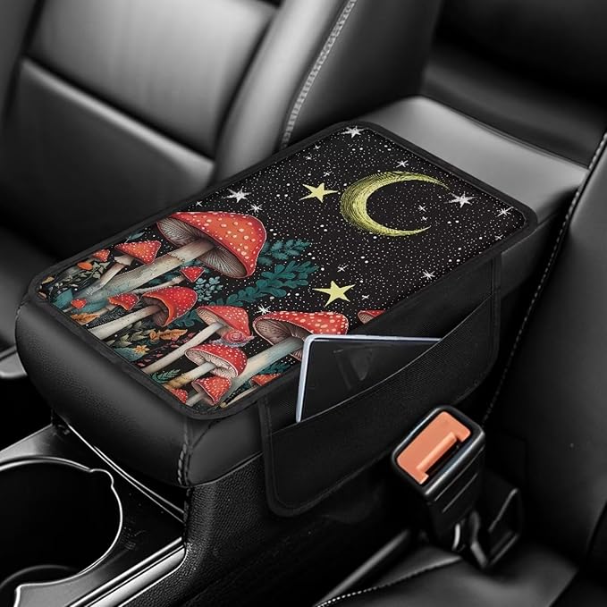 BIGCARJOB Mushroom Print Car Center Console Cover with Side Storage Moon Mushroom Print Car Armrest Cover Cushion Auto Seat Center Console Pads Universal Car Interior Accessories