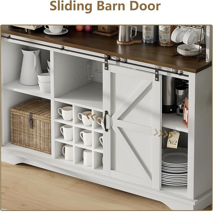 55 Inch Farmhouse Coffee Bar Cabinet with 3-Tier Enclosed Storage Cabinet, Kitchen Hutch with 12 Wine Racks & 3 Glass Holders, Coffee Bar with 6 Hooks, Wood Furniture for Dining Living Room, White