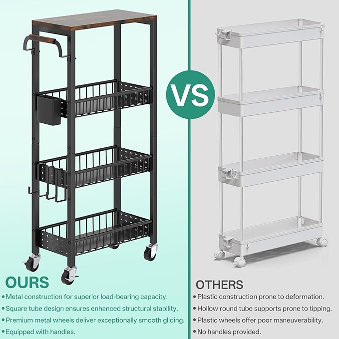Slim Rolling Storage Cart, 4 Tier Small Organizer Cart with Wheels, Metal Utility Shelf Kitchen Bathroom Laundry Room Organization Trolley with Handle for Narrow Space (Carbon Black, 9.1" W)