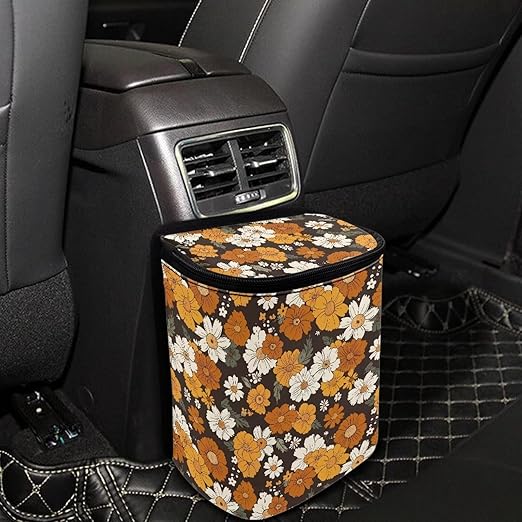 Retro Sunflower Daisy Flower Car Trash Can Hanging Mini Auto Garbage Bin with Lid Washable Leak Proof Automotive Car Rubbish Bags for Back Front Seat，Cottagecore Car Interior Accessory