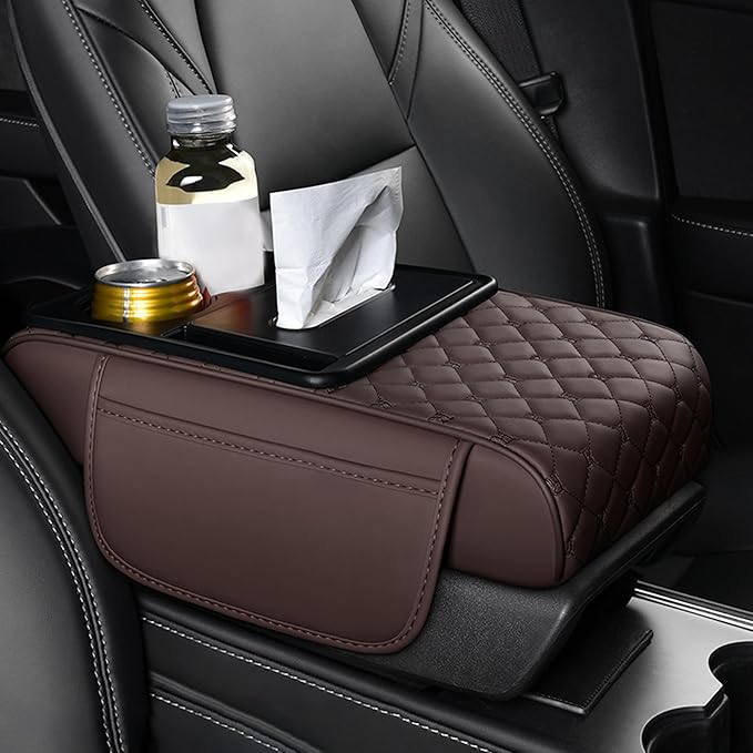 Car Center Console Cover for Toyota Crown Signia – 5-in-1 Leather Armrest Cushion Pad with 2 Storage Bags, Holds Cups, Phone, Tissues, Car Interior Accessory,B Brown