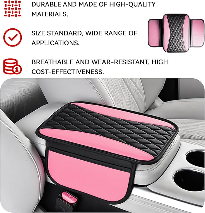 Patchwork Leather Center Console Cover, Upgraded Car Armrest Cover with 2 Storage Bags, Universal Arm Rest Covers for Car, Vehicle Interior Accessories Middle Console Cushion Organizer (Pink)