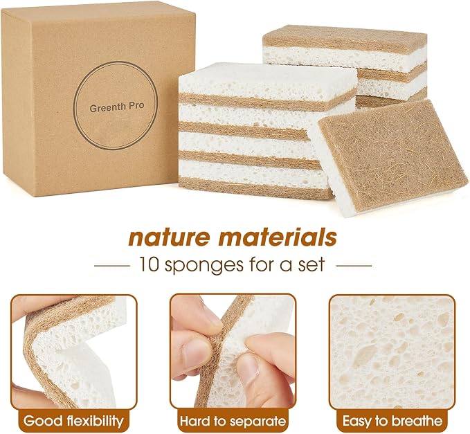 GREENTH PRO 10 Pack Nature Dish Sponge - Natural Kitchen Sponge - Coconut Fiber and Wood Cellulose Scrubber