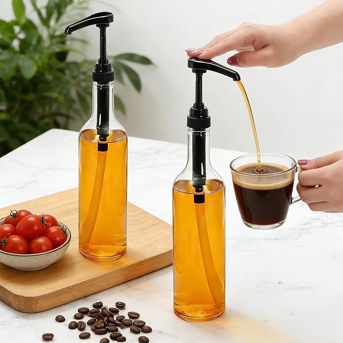 8 Pack 25.4Oz Coffee Syrup Dispenser, 750ml PET Syrup Bottles with Pump&Lid, Clear Plastic Long Neck Drinking Bottle Set for Coffee Bar Accessories Home Party Decor Flavored(Black)
