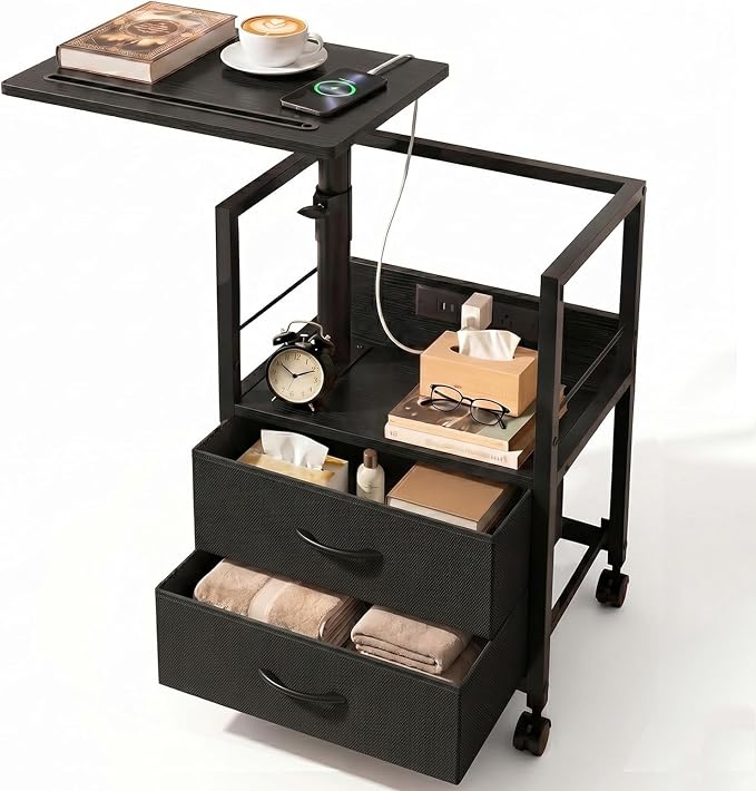 Faesun Swivel Lift Top Nightstand with Charging Station, Rolling Side Table for Recliner, Bedside Table with Wheels & 2 Fabric Drawers, for Small Spaces, for Bedroom, Living Room, Black