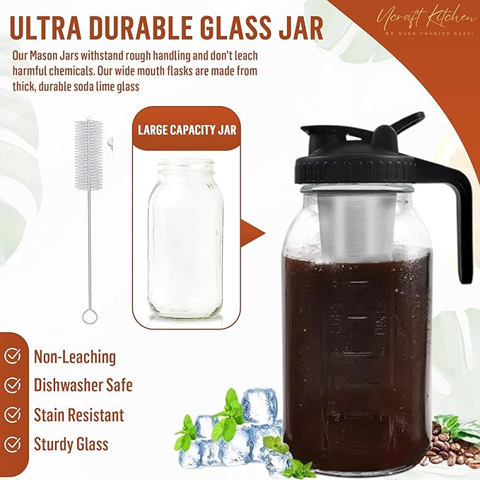 Glass Cold Brew Coffee Maker – 64 oz (2 Quart / 1.9 Liter) – Mason Jar Iced Coffee Pitcher, Durable Glass, with Stainless Steel filter, leak proof wide mouth lid and handle