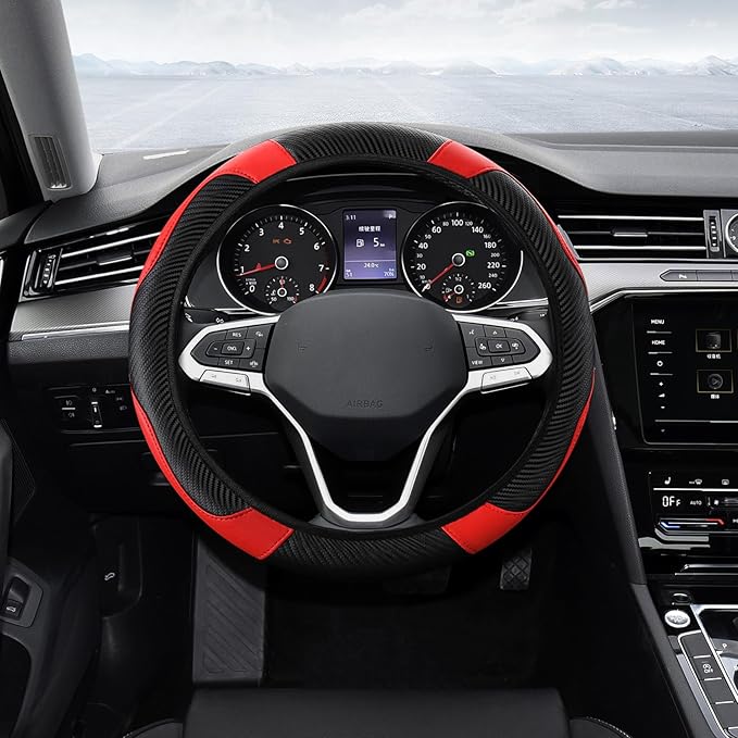 Car Steering Wheel Cover, Steering Wheel Protector, Universal 14.5-15 Inch Microfiber Leather Breathable Auto Steering Wheel Covers, Carbon Fiber Steering Wheel Cover for Women Men (Red)