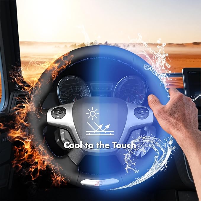 MEWANT Hand Stitch Steering Wheel Cover Fit for Ford Focus ST 2013 2014 Custom DIY Hand Sewn Black Genuine Leather Steering Wheel Wrap Interior Accessories