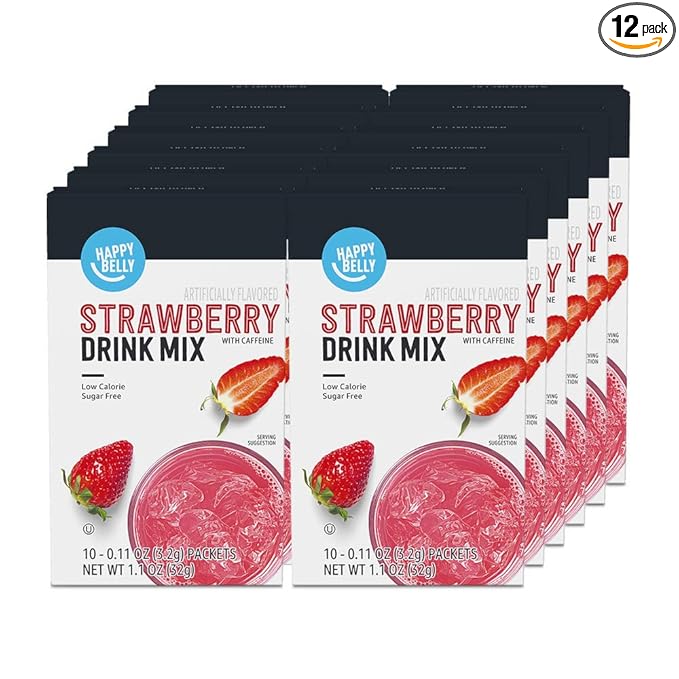 Amazon Brand - Happy Belly Drink Mix Singles, Strawberry with Caffeine, 1.1 Ounce, 120 Count (12 Packs of 10) (Previously Solimo)