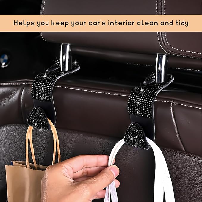 4 PCS Car Seat Headrest Hooks, Bling Rhinestone Purse Hook Vehicle Back Seat Hanger, Sparkling Crystal Headrest Hangers Storage Organizer for Grocery Bag Handbag Coats (Black)