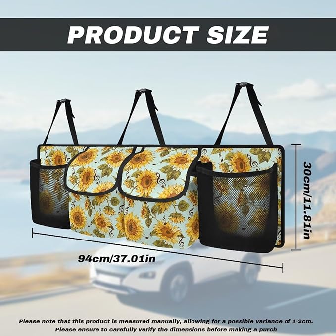 Dreaweet Sunflower Print Car Trunk Organizers for Women Collapsible Backseat Hanging Organizer Large Storage with 4 Pockets Waterproof Cargo Storage Bag for SUV Trucks