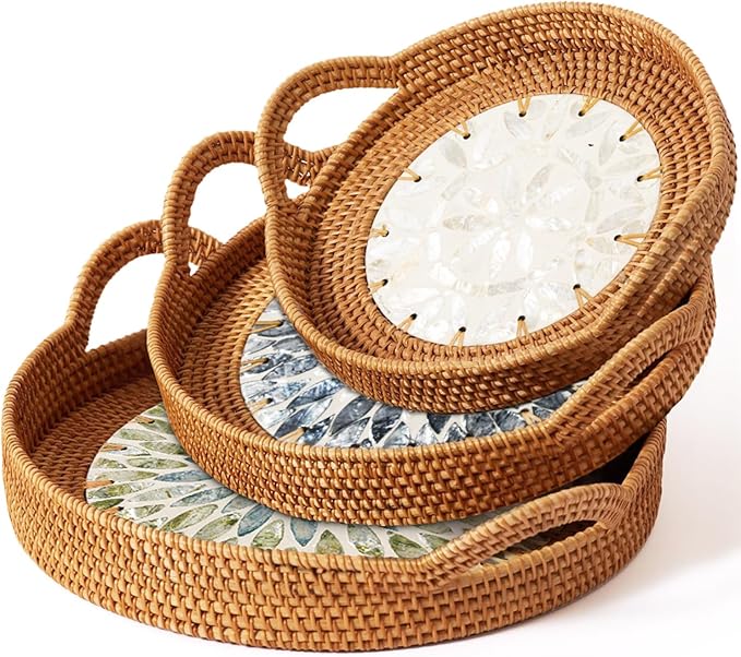 Mothers Day Gifts Set – 3 Handwoven Rattan Trays with Natural Shell Inlay, Boho Decorative Wicker Serving & Coffee Table Trays with Handles for Home Decor, Candles, Snacks & Holiday Entertaining
