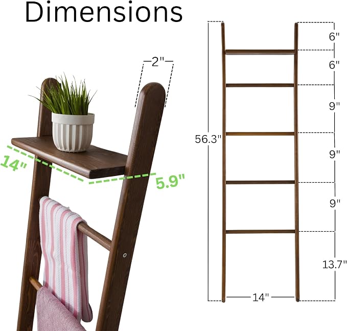 Solid Pine Wood Blanket Ladder for Living Room Bathroom Organizer Shelves, 7-Tier 5-Tier Freestanding Shelf, Freestanding Towel Rack Extra Storage, Wall-Leaning (Walnut, Medium)