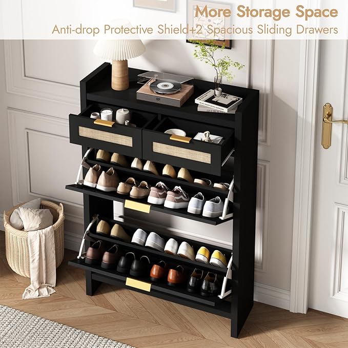 HOKYHOKY Rattan Shoe Storage Cabinet with 2 Drawers & 2 Flip Drawers – Hidden Slim Shoe Organizer for Entryway, Large Tabletop Space, Farmhouse Boho Narrow Shoe Rack, Rustic Black