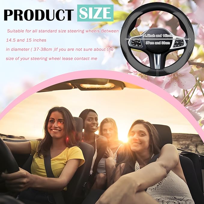 SuperKaKa Gray and Black Car Steering Wheel Cover 2025, Universal Auto PU Cute Breathable Slip-Proof Comfort Imitation Leather Protector Cars Interior Accessories for Women Men Fit Most Vehicle