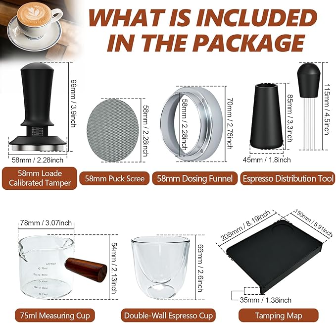 7 Pcs 58mm Espresso Accessories Kit, Spring Loaded Calibrated Tamper, WDT Tool, Coffee Measuring & Espresso Cup and Tamper Mat, Puck Screenr & Dosing Funnel, Fit 58mm Espresso Machine Accessories