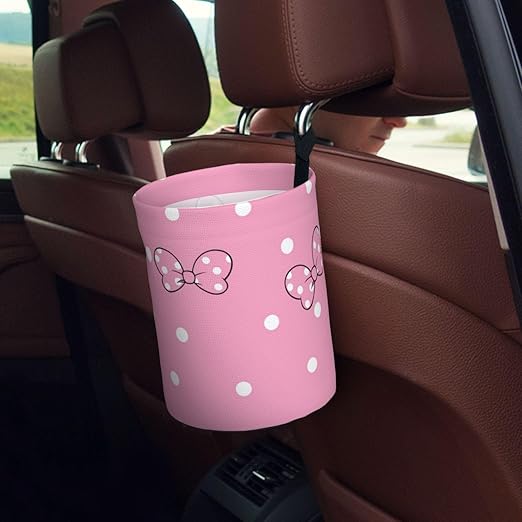 Cute Pink White Polka Dots Car Trash Can Garbage Cans Foldable,Small Hanging Car Organizer Storage Bag Leak Proof, Auto Back Seat Trash Bin Universal for Truck, SUV, Outdoor Travel