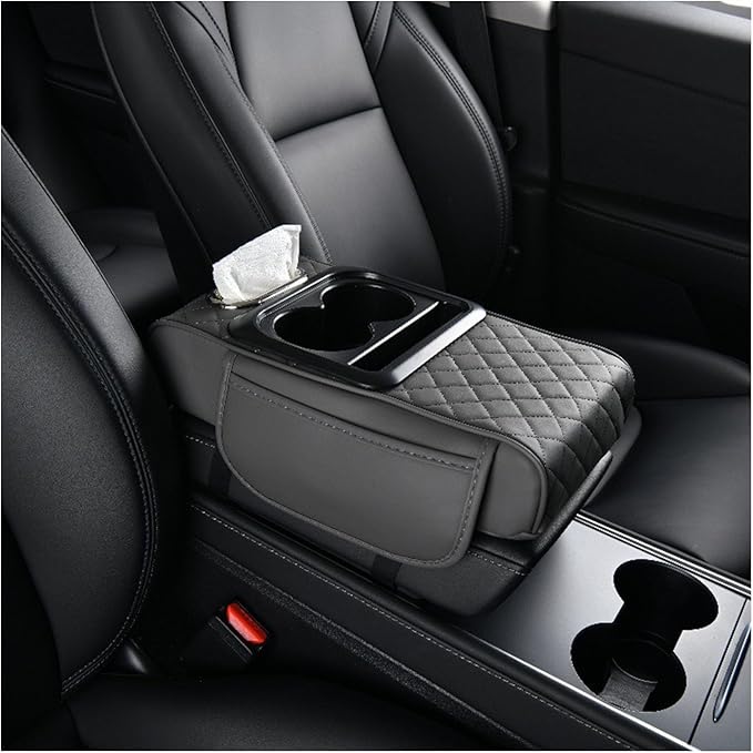 Car Armrest Storage Box for Lincoln Nautilus 2019-2024, Center Console Organizer with Side Pocket, Ergonomic Memory Foam Armrest Cushion, Car Elbow Support Pad,F Grey