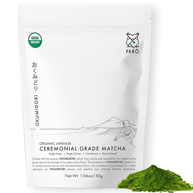 FKRO Organic Ceremonial Grade Matcha Green Tea Powder | 1st Harvest, Single Origin, Single Okumidori Cultivar | Sugar-free | Flown in Fresh from Japan Every Month (30g/1.06oz) Pouch