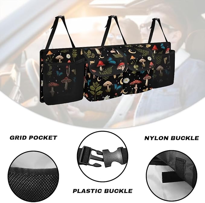 Dreaweet Mushroom Print Trunk Organizer for Car Women,Large Capacity Car Backseat Hanging Organizer for SUV,Van,Car,Cargo Storage Collapsible with 4 Pockets Adjustable Straps