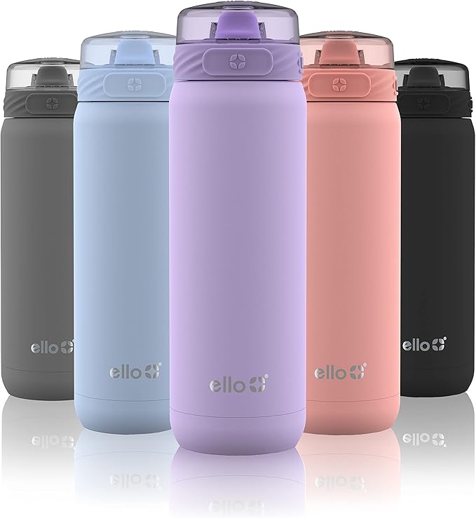 Ello Cooper 18oz Kids Stainless Steel Water Bottle with Straw and Carry Handle, Double Walled and Vacuum Insulated Metal, Leak Proof Locking Lid with Soft Silicone Spout, Reusable, BPA Free, Lilac