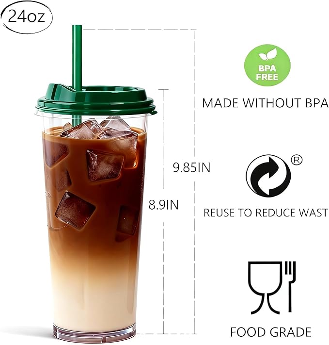 24oz Tumbler with Lid and Straw, Leak Proof and Double Wall Insulated Reusable Plastic Cups,Travel Reusable Iced Coffee Cup (2, Bottle Green)