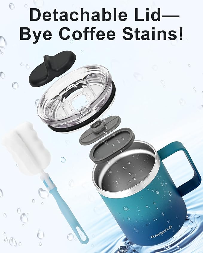 Insulated Coffee Mug 12 oz, Double Wall Stainless Steel Coffee Mug with Lids, Leak-Proof & Detachable Slider Lid for Thorough Clean, Keeps Coffee Cold for 9 Hrs, Suitable for Camp Home Office