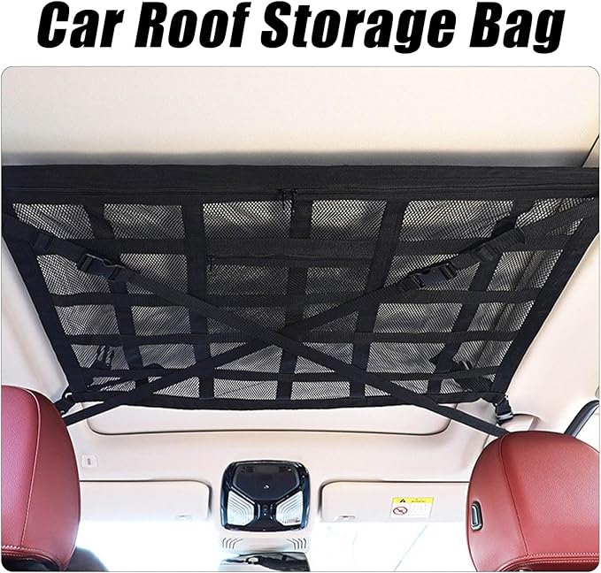Overhead Car Organizer, Compatible with Chevrolet Silverado Pickup Truck 2019-2025 Car Roof Storage Net Universal Car Ceiling Storage for Camping Storage Bag,Black-Medium