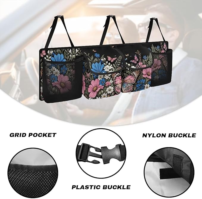 Car Trunk Organizer, Large Auto Backseat Hanging Organizer, Thick Backseat Storage Bag with Pockets, Car Trunk Tidy Storage Bag with Lids Decoration,Black Floral Butterfly Garden